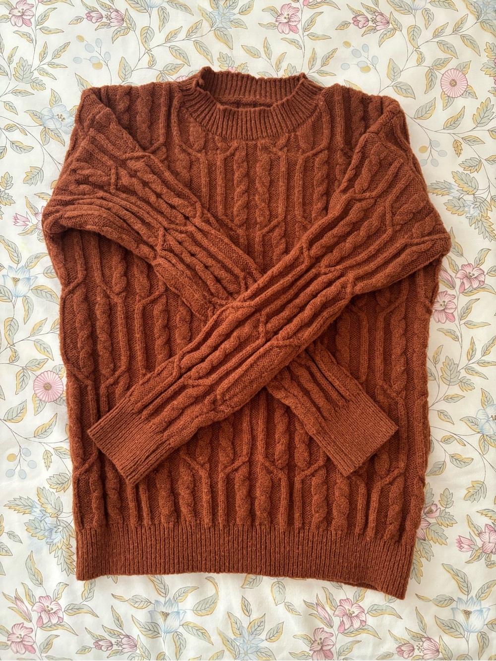 Orange-Brown Cable Knit Crewneck Sweater for Fall Size M